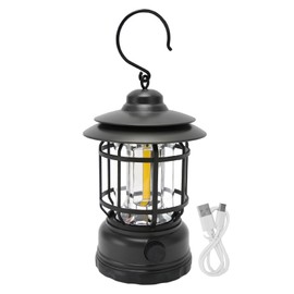 Vintage Camping Lantern IPX4 Waterproof Eye Protection USB Rechargeable Decorative Portable COB Tent Lamp with Hook Black