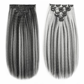 12 Inch Kinky Straight Clip in Hair Extensions, Synthetic 7 PCs Seamless Black and White Yaki Straight Clip ins Hair Extension for Black Women(1B/White)