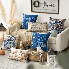 AVOIN colorlife Happy Fall Hello Pumpkin Chinoiserie Throw Pillow Covers, 16 x 16 Inch Blue and White Porcelain Color Autumn Thanksgiving Harvest Decorations for Sofa Couch Set of 4