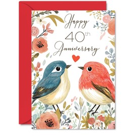 40th Anniversary Card for Women Men - Love Birds - Happy Wedding Anniversary Cards for Wife Husband Girlfriend Boyfriend, A5 Floral Bird Greeting Cards