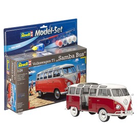 Revell Model Set 67399 Volkswagen T1 "SAMBA BUS" 1:24 Scale Unbuilt/Unpainted Plastic Model Kit with Contacta Professional Glue, Paintbrush & Selected Aqua Color Paints