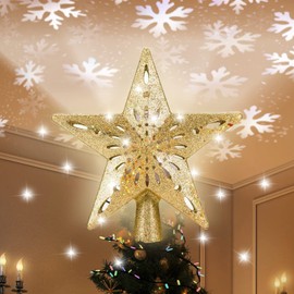 Beinhome Christmas Tree Topper 26 cm, Christmas Decoration Poinsettia with 3D Snowflakes Projector with 286 cm / 113 inch Power Cable, Christmas Tree Decoration, Luminous Animated Star for Christmas