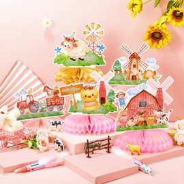 10 Pcs Pink Farm Animals Party Supplies Girl Pink Barnyard Birthday Party Decorations Farm Animal Honeycomb Centerpiece for Table Birthday Baby Shower Party Decorations
