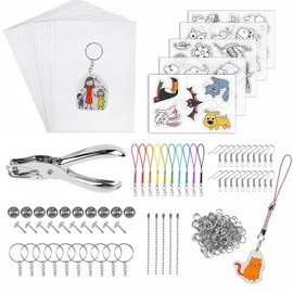 198-Piece Shrink Film Set Key Chain, Shrink Paper DIY Kit with Shrinking Paper, Hole Punch, Key Ring, Ear Hooks, Brooches, Colouring Pencils, Shrink Plastic Set for Children DIY Crafts