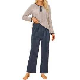 Blooming Jelly Womens Lounge Sets 2 Piece Pajama Sets Color Block Matching Set Sleepwear PJ Set 2025 Fall Outfits(Apricot Blue,Large)