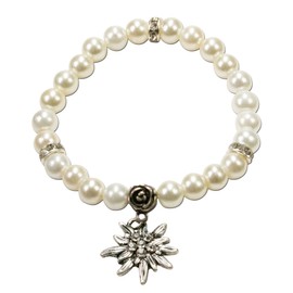 Alpenflüstern Traditional bavarian pearl bracelet Fiona with rhinestones Edelweiss, Ladies costume jewelry, elastic traditional costume bracelet, beaded bracelet, Oktoberfest (cream-white)