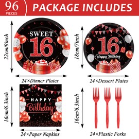 gisgfim 96Pcs 16th Birthday Decorations for Girls Boys Red Silver Sweet 16 Birthday Party Decorations Happy 16th Birthday Plates and Napkins Black and Red 16 Year Old Birthday Decoration for 24 Guests