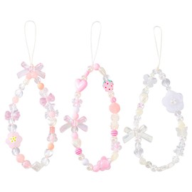 ANATTASOUL 3 Styles Beaded Phone Charm Bow and Love Aesthetic Phone Lanyard Wrist Strap, Cute Keychain Decoration for Wallet AirPods Camera Mobile Pendants Decor