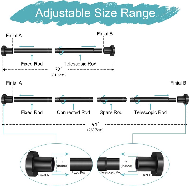 YNL Black Shower Curtain Rod 32-94 Inch(2.7-7.8ft), Non-Slip, Never Rust,