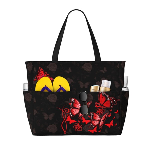 CHAOS MONKEY Women Large Beach Bag Red Butterfly Flower Print
