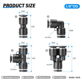 TAILONZ PNEUMATIC Black 1/8 Inch od Push to Connect Fittings Pneumatic Fittings Kit 10 Spliters+10 Elbows+10 tee+10 Straight (40 pcs)