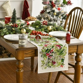 Artoid Mode Watercolor Holly Christmas Table Runner, Seasonal Winter Xmas Holiday Kitchen Dining Table Decoration for Indoor Outdoor Home Party Decor 13 x 108 Inch