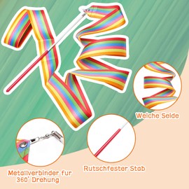 Surplex 10pcs 2 Meter Art Gymnastics Rhythmic Ribbon Twirling Baton Rod,Gym Dance Ribbon Wand Streamer and Stick for Children,Rainbow