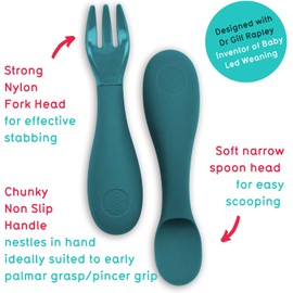TUM TUM Cubertería de aprendizaje con funda – Cubiertos para bebé para comer uno mismo, 6 meses +, azul