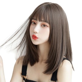 FINGOOO Wig, Medium, Straight Black Hair, Semi-Long, Full Wig, Wig, Wig, Women's Dresses, Lolita, Cosplay, Small Face, Natural, Heat Resistant, Synthetic Hair with Net (Semi Long, Ash Brown)