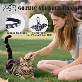 2 Pack Leather Cat Collar Breakaway with Bells and Pendant Adjustable Spiked Kitten Collar for Boy Cats Gothic Studded Cat Collar Moon and Star Black 8”-12”