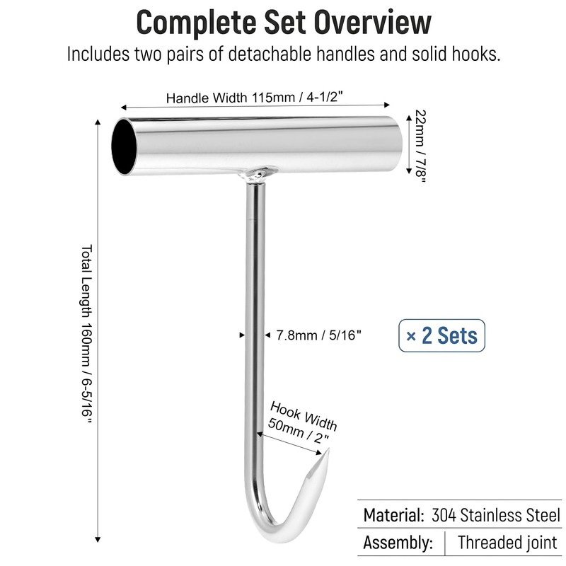 QWORK 2PCS Meat Hooks for Butchering, 304 Stainless Steel T