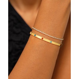 Tennis Bracelets for Women Gold Bangle Bracelets Set 14K Gold Plated Cuff Bracelet Stack Non Tarnish Zirconia Chunky Gold Bracelet Jewelry for Women(Colorful CZ Gold Bracelet)