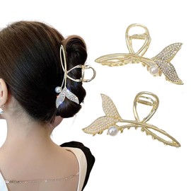 Rannyrena Gold Butterfly Metal Hair Claw Clips with Pearl Crystal Irregular Large Non-Slip Claw Clip Snake Hair Accessories for Women Thin Thick Hair (Crystal and Pearl Fishtail (Pack of 2))