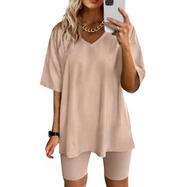 Conjunto de dos piezas para mujer, de verano, casual, cuello en V, camiseta de gran tamaño, conjunto de pantalones cortos de motociclista, Caqui, XX-Large