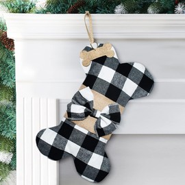 Senneny Pet Dog Christmas Stockings Buffalo Black White Plaid Burlap Large Bone Shape Hanging Christmas Stocking for Dogs Pets