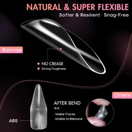 Ranrose Almond Nail Tips 240pcs Long Soft Gel Nail Tips Clear Full Cover Almond Press on Nail 12 Sizes Pre-shape Acrylic Almond Shaped Nail Tips for Nail Extensions