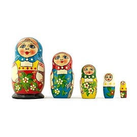 BestPysanky Set of 5 Peasant Girls Wooden Russian Nesting Dolls 5.5 Inches