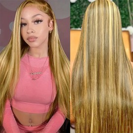 KINCYDU Long Blonde And Platinum Straight Lace Front Wigs Glueless Lace Wigs Synthetic Heat Resistant Fiber Hair Wig Natural Gold And Platinum White Highlight Color Straight Wig For Women 26 Inch