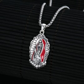 Adnix Santa Muerte Necklace 925 Sterling Silver La Santa Muerte Necklace Plata Protection Grim Reaper Santa Muerte Pendant Amulet Jewelry for Men