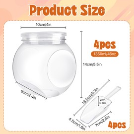 Akamino - Juego de 4 tarros de plástico con tapa, recipientes de caramelo transparentes de 40 onzas con cuchara de plástico, tarro decorativo para galletas, almacenamiento de alimentos secos para