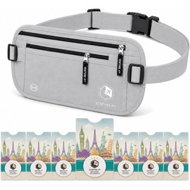 VENTURE 4TH Cinturón de Viaje Anti Robo Riñonera Portadocumentos para Hombres y Mujeres con Mangas RFID para mantener seguro su Dinero, Documentos y Pasaporte (Plateado)