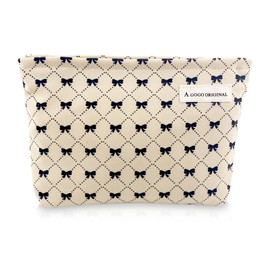 Yovell Floral Makeup Bag Cute Makeup Pouch Travel Organizer Toiletry Bag Canvas Makeup Bag with Zipper Large Cosmetic Bags for Women Girls, Beige Bow, Floral Makeup Bag