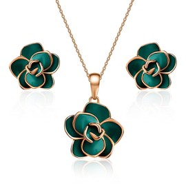 EVEVIC Rose Flower Necklace Earrings Set for Women 18K Gold Plated Hypoallergenic Jewelry Sets (Green)