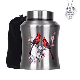 Urns for Human Ashes, Up to 160 lbs Urns for Ashes Adult Male or Female, Large Cremation Urn, Decorative Keepsake Urns with 1pcs Necklace and Velvet Bag 6.8 x 4.7 inches (Silver Cardinal)