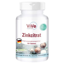 Zinc Tablets, 25 mg Made of Zinc Citrate, 180 Tablets, High Dose, Vegan, Quality from Germany ViVe Supplements