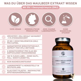 QIDOSHA 1-Deoxynojirimycin (DNJ) from White Mulberry, 120 Capsules in Pharmacist Glass, 500 mg Extract per Capsule, of which 25 mg DNJ = Highest Content on the Market, Each Batch Laboratory Tested, German Production
