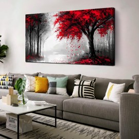 Large Canvas Wall Art for Living Room Black White and Red Forest Print Pictures Painting Framed Wall Decor for Bedroom Modern Home Plant Scenery Wall Decorations Artwork Size 24x48 Ready to Hang