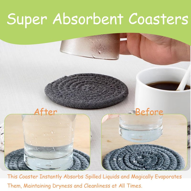 Coasters 4-Pack Absorbent Handwoven Cotton Coaster Set, Non-Slip Drink Coasters