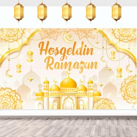 DPKOW Platinum Ramadan Decorative Hosgeldin Ramazan Banner Background Ramadan Mubarak Decoration Ramadan Kareem Banner, Fabric Large Banner Eid Mubarak Decoration Muslim Islamic Ramazan Decor, 180 x
