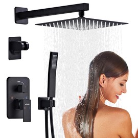 Shower System Black -10 Inch High Pressure Rain Shower Heads with Handheld Spray Combo Shower Faucet Set with Pressure Balanced Rough-in Valve, Wall Mount Bathroom Shower Set fit All Valve Types