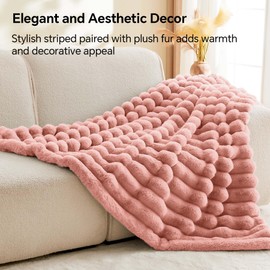 BEDELITE Faux Fur Throw Blanket for Couch, Soft and Cozy Luxurious 3D Striped Fluffy Blanket, 770GSM Thick Warm Plush Fuzzy Faux Rabbit Fur Blanket for Fall and Winter (Pink, 50"x 60")