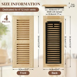 Landical 4 Pcs Red Oak Wood Floor Register with Damper, Drop in Vent Cover Surface Mount Vent, Unfinished (4 x 12 Inch)