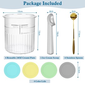 QUIENKITCH Creami Deluxe Containers for Ninja: 4 Pack 24OZ Creami Pints and Lids Compatible with NC500 NC501 Series Ice Cream Makers - BPA-Free & Dishwasher Safe - 4 Color Lids & Stainless Spoons