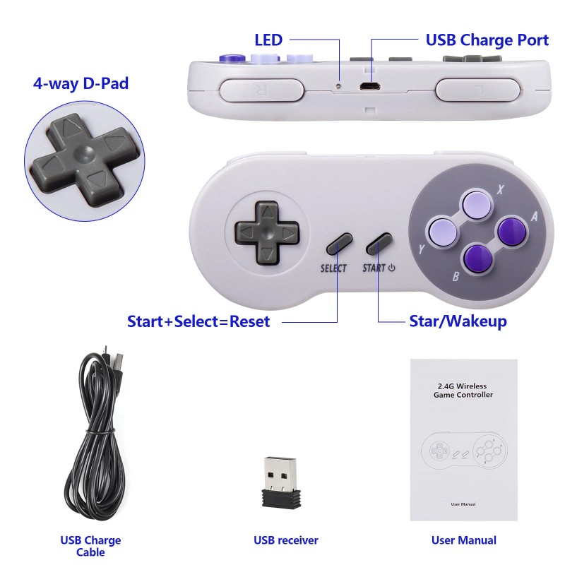 2PCS SNES Controller Gamepad + 2.4GHz USB Receiver Compatible with