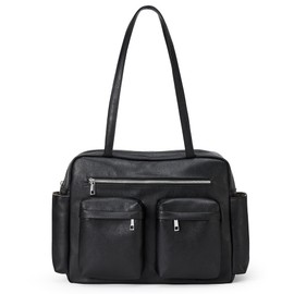 KALIDI Tote Bag Vegan Leather Women Pocket Utility Bag Faux Leather Shoulder Travel Purse Vintage Handbag for Work Dating College, Black