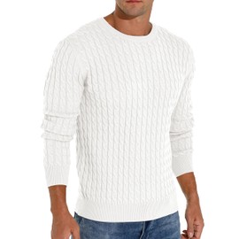 Hisir Men's Winter Cable Knit Jumpers Casual Crew Neck Warm Long Sleeve Pullover Sweater Tops for Men (White, L)