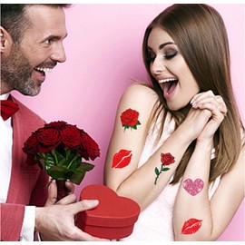 10 Sheets Valentines Temporary Tattoo Stickers Red Lips Heart Love Rose Fake Tattoo Stickers Valentines Day Party Supplies Women Girls man Face Stickers (style 1)