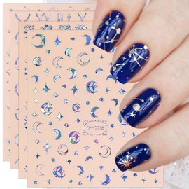 JMEOWIO 9 Sheets Aurora Holographic Moon Star Nail Art Stickers Decals Self-Adhesive Pegatinas Uñas Colorful Nail Supplies Nail Art Design Decoration Accessories