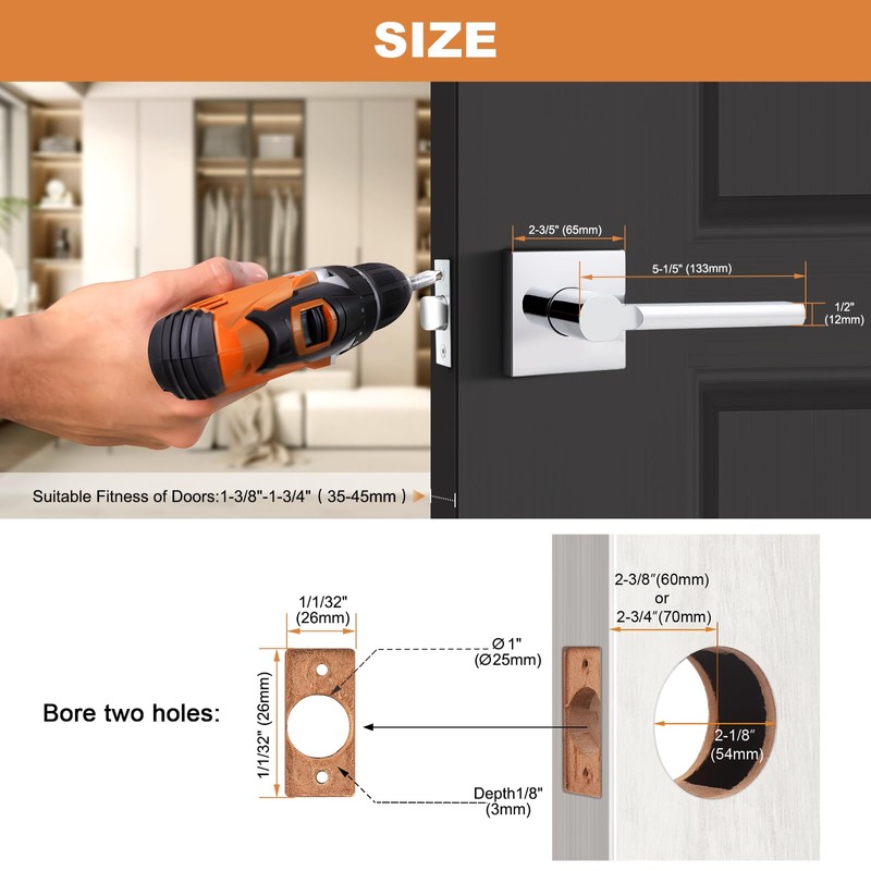 Probrico Square Polished Chrome Passage Door Handle Heavy Duty Keyless