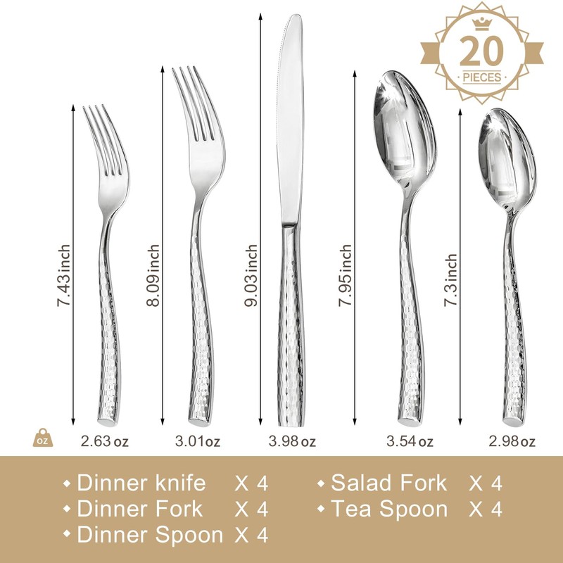 Kingstone Hammered Silverware Set, 20-Piece Flatware Set for 4, 18/10